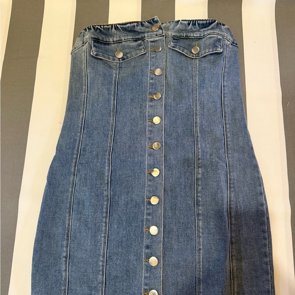 Lena Light Wash Denim Strapless Button Dress